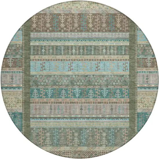 8' Artichoke Green Teal Blue And Beige Round Striped Washable Indoor Outdoor Area Rug Photo 1