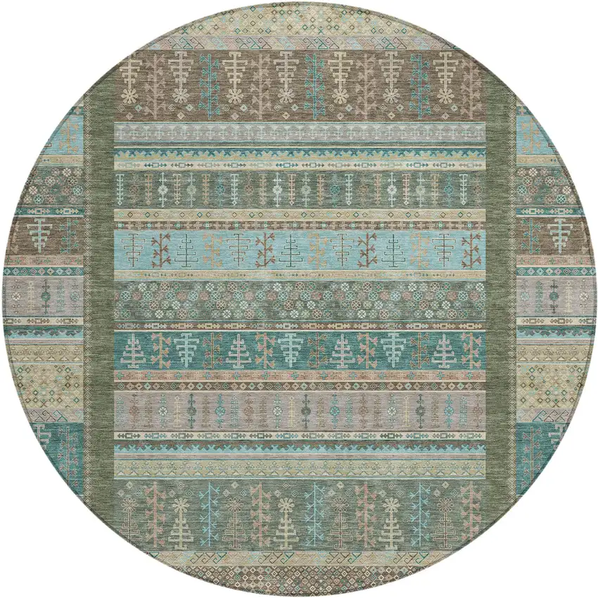 8' Artichoke Green Teal Blue And Beige Round Striped Washable Indoor Outdoor Area Rug Photo 1