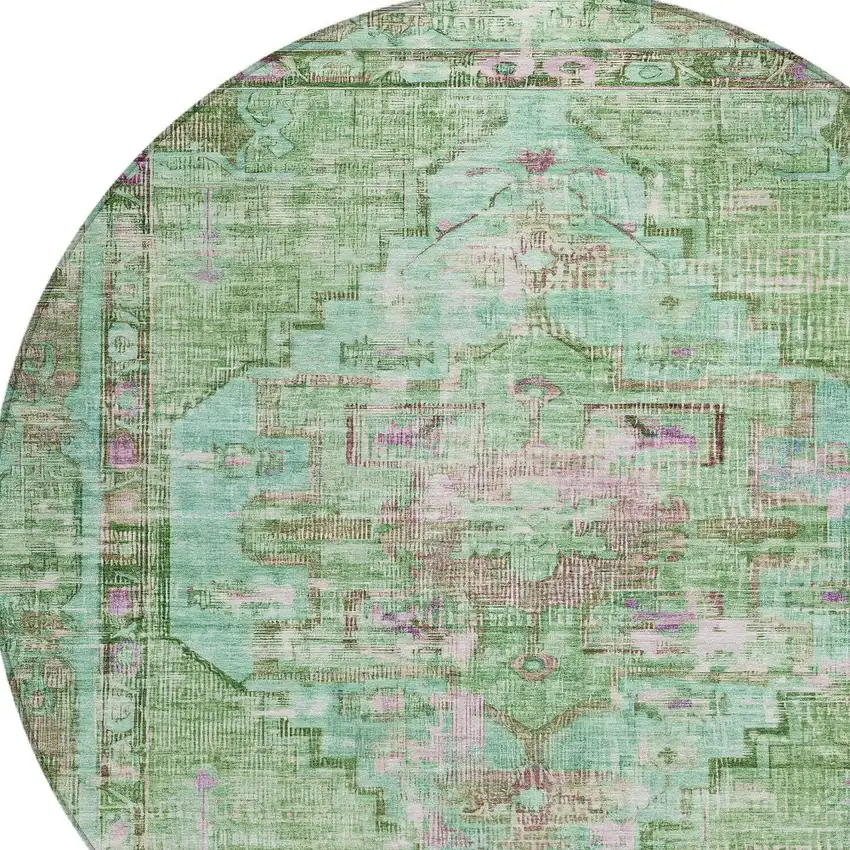 8' Artichoke Green Teal Blue And Lavender Round Oriental Washable Indoor Outdoor Area Rug Photo 8