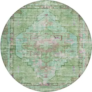 Photo of 8' Artichoke Green Teal Blue And Lavender Round Oriental Washable Indoor Outdoor Area Rug