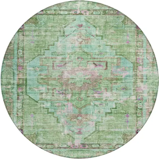 8' Artichoke Green Teal Blue And Lavender Round Oriental Washable Indoor Outdoor Area Rug Photo 1
