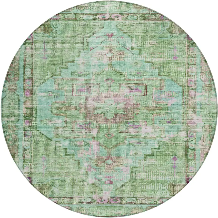 8' Artichoke Green Teal Blue And Lavender Round Oriental Washable Indoor Outdoor Area Rug Photo 1