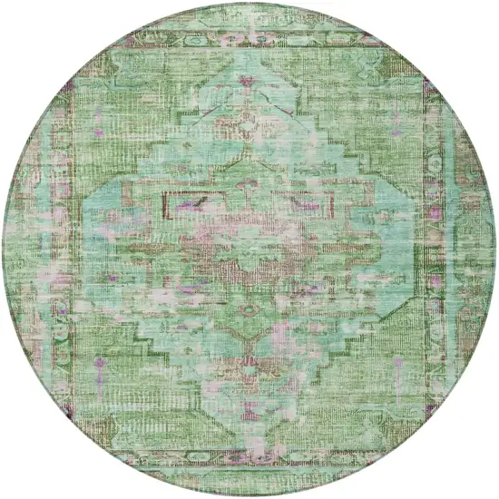 8' Artichoke Green Teal Blue And Lavender Round Oriental Washable Indoor Outdoor Area Rug Photo 4