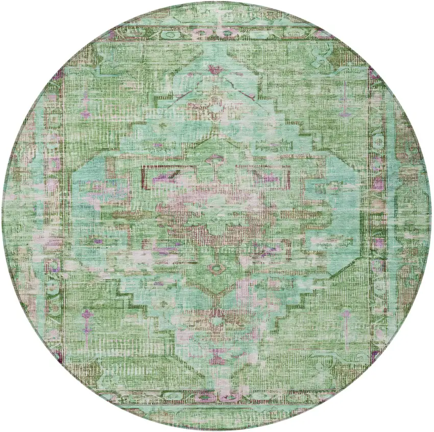 8' Artichoke Green Teal Blue And Lavender Round Oriental Washable Indoor Outdoor Area Rug Photo 4