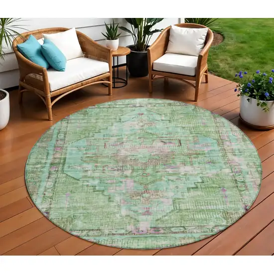 8' Artichoke Green Teal Blue And Lavender Round Oriental Washable Indoor Outdoor Area Rug Photo 2
