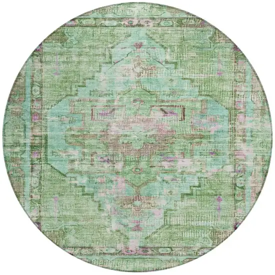 8' Artichoke Green Teal Blue And Lavender Round Oriental Washable Indoor Outdoor Area Rug Photo 5