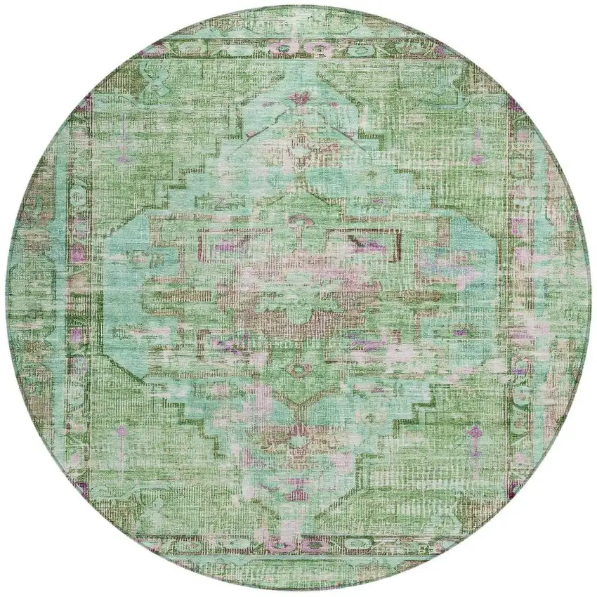 8' Artichoke Green Teal Blue And Lavender Round Oriental Washable Indoor Outdoor Area Rug Photo 5