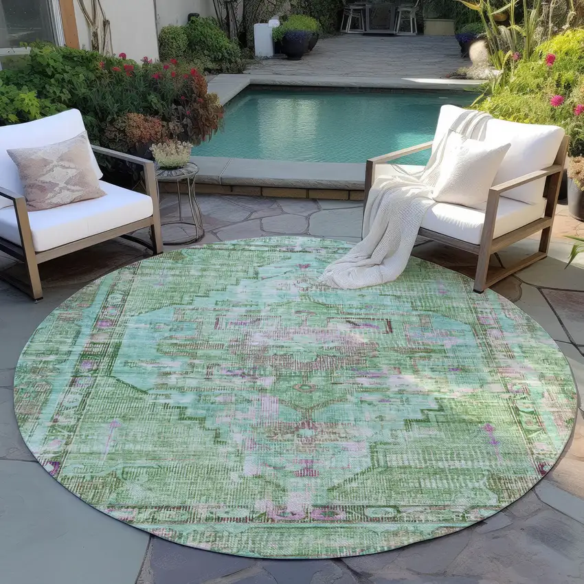 8' Artichoke Green Teal Blue And Lavender Round Oriental Washable Indoor Outdoor Area Rug Photo 6