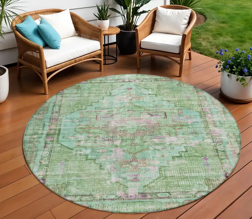 8' Artichoke Green Teal Blue And Lavender Round Oriental Washable Indoor Outdoor Area Rug Photo 3