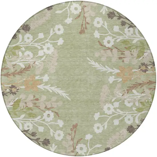 8' Artichoke Green Wheat And Ivory Round Floral Washable Indoor Outdoor Area Rug Photo 5