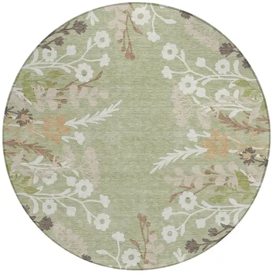 8' Artichoke Green Wheat And Ivory Round Floral Washable Indoor Outdoor Area Rug Photo 4
