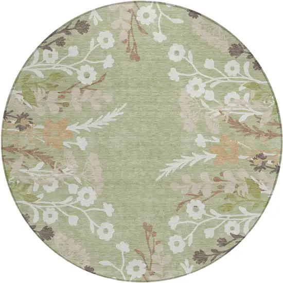 8' Artichoke Green Wheat And Ivory Round Floral Washable Indoor Outdoor Area Rug Photo 2