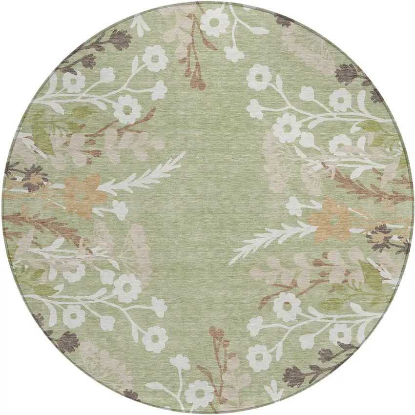 8' Artichoke Green Wheat And Ivory Round Floral Washable Indoor Outdoor Area Rug Photo 2