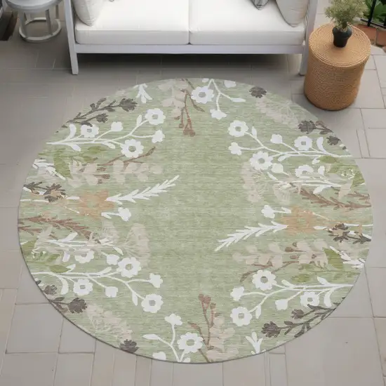 8' Artichoke Green Wheat And Ivory Round Floral Washable Indoor Outdoor Area Rug Photo 8