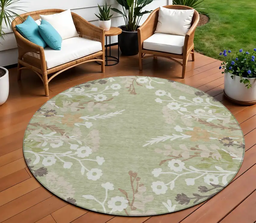 8' Artichoke Green Wheat And Ivory Round Floral Washable Indoor Outdoor Area Rug Photo 1