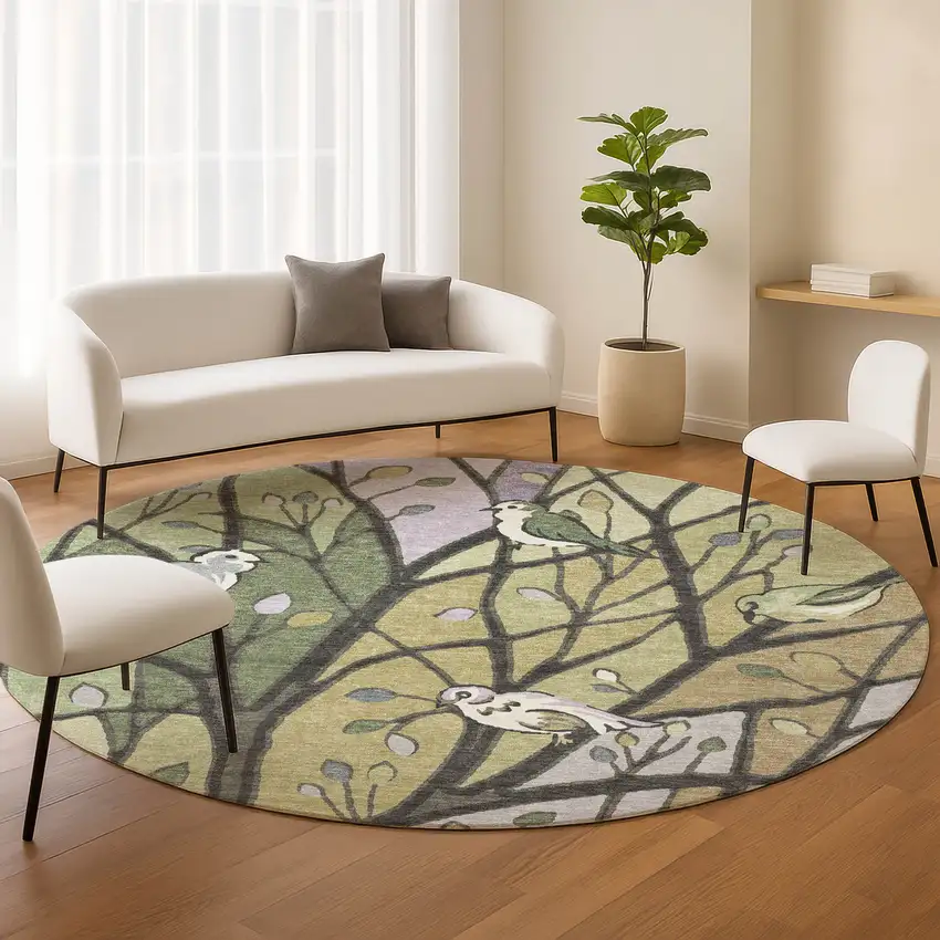 8' Artichoke Green Wheat And Lavender Round Botanical Leaves Washable Indoor Outdoor Area Rug Photo 9