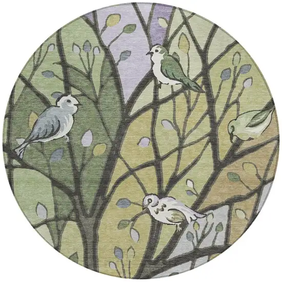 8' Artichoke Green Wheat And Lavender Round Botanical Leaves Washable Indoor Outdoor Area Rug Photo 4