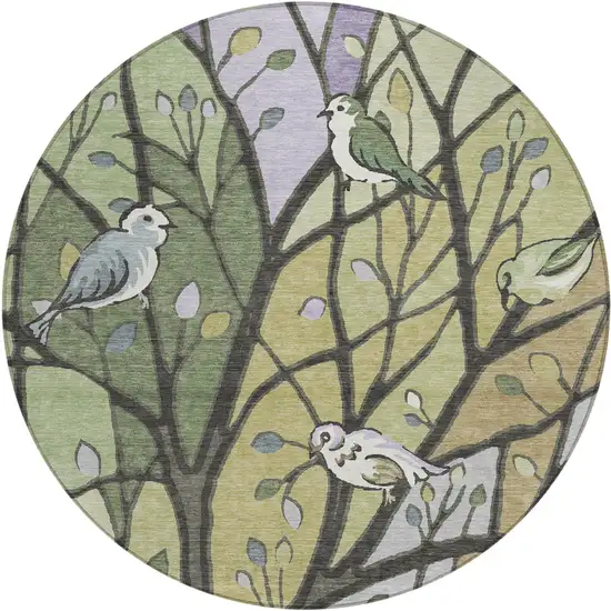 8' Artichoke Green Wheat And Lavender Round Botanical Leaves Washable Indoor Outdoor Area Rug Photo 2