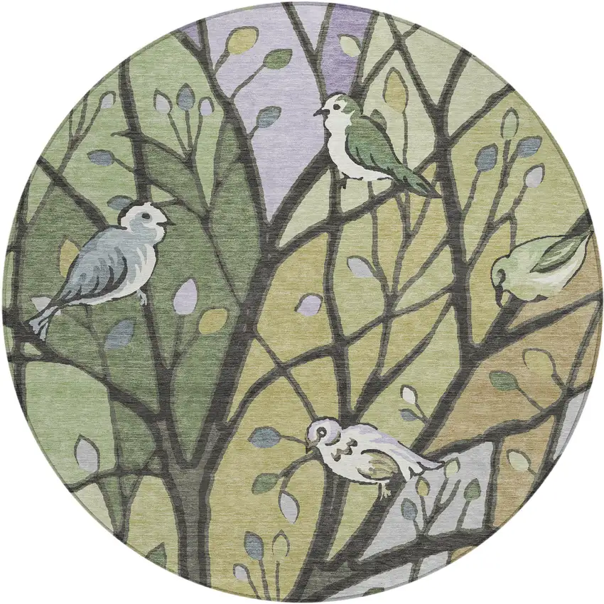 8' Artichoke Green Wheat And Lavender Round Botanical Leaves Washable Indoor Outdoor Area Rug Photo 2