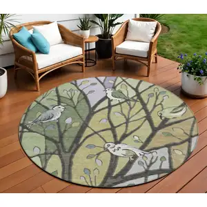 Photo of 8' Artichoke Green Wheat And Lavender Round Botanical Leaves Washable Indoor Outdoor Area Rug