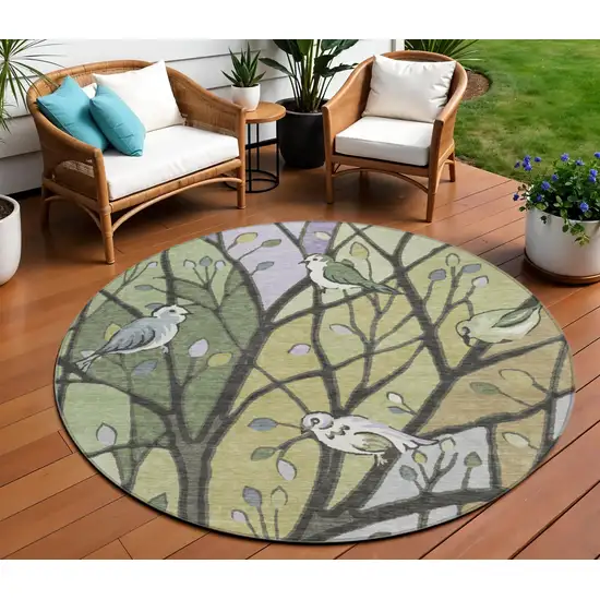 8' Artichoke Green Wheat And Lavender Round Botanical Leaves Washable Indoor Outdoor Area Rug Photo 1