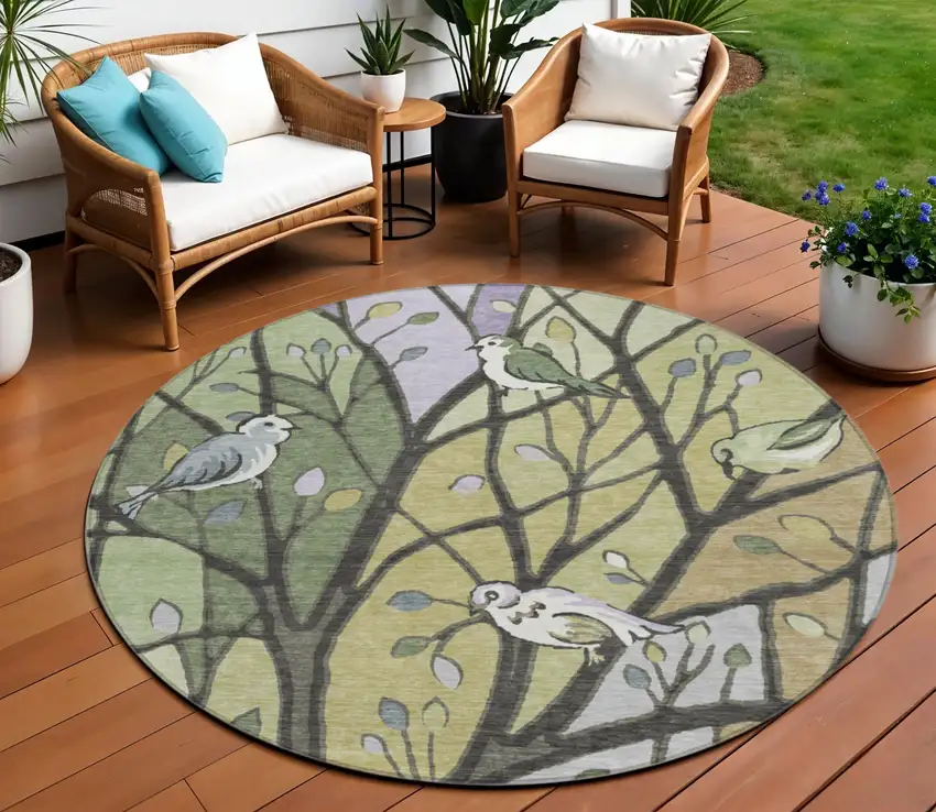 8' Artichoke Green Wheat And Lavender Round Botanical Leaves Washable Indoor Outdoor Area Rug Photo 1