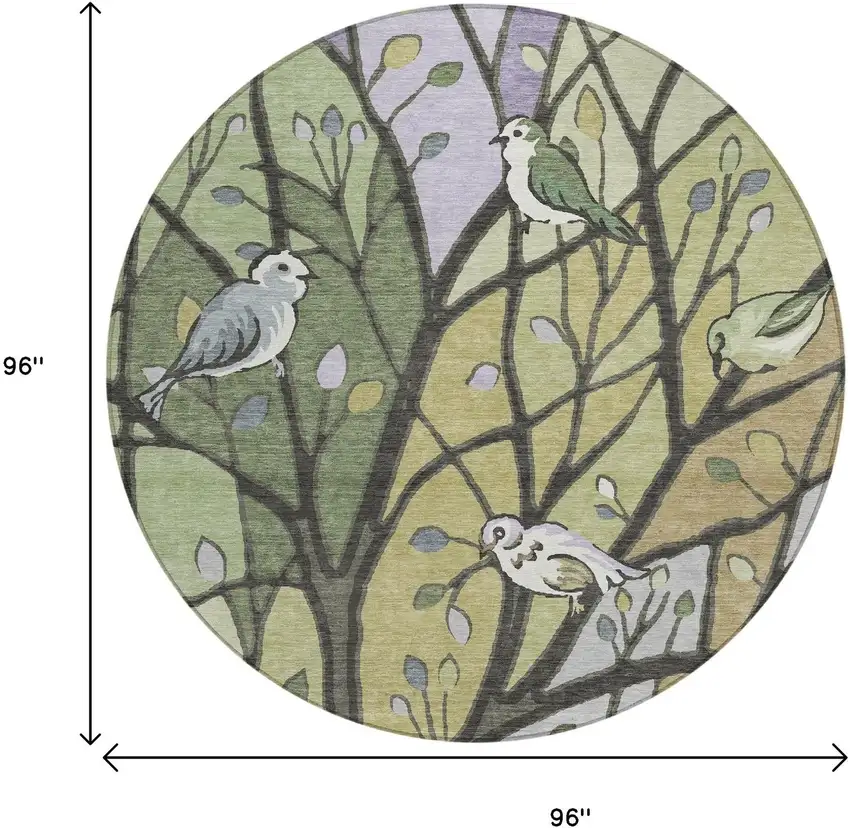 8' Artichoke Green Wheat And Lavender Round Botanical Leaves Washable Indoor Outdoor Area Rug Photo 3