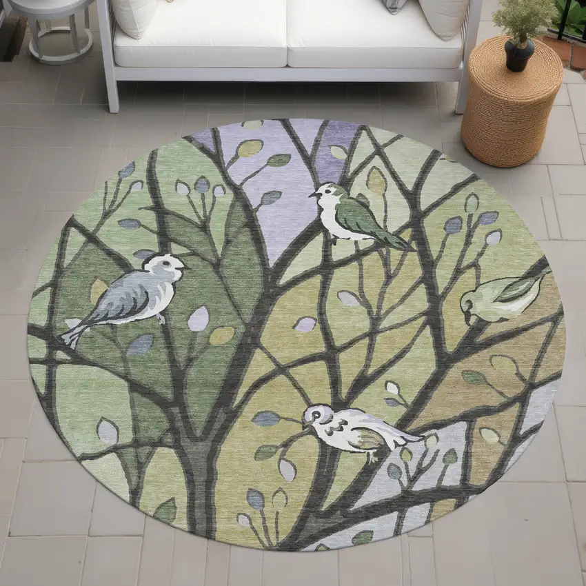 8' Artichoke Green Wheat And Lavender Round Botanical Leaves Washable Indoor Outdoor Area Rug Photo 9
