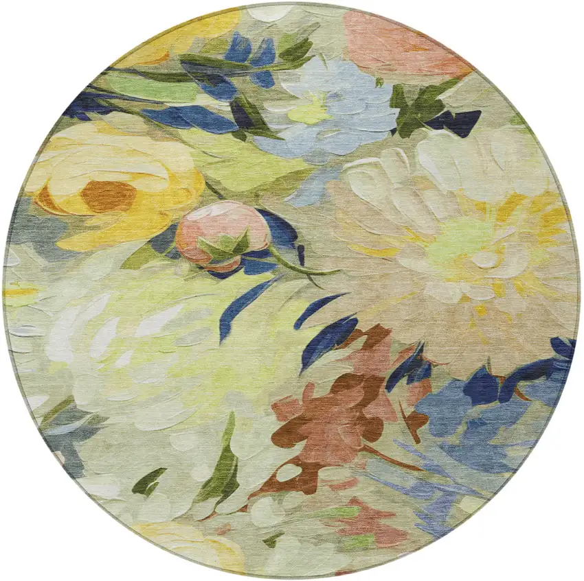 8' Artichoke Green Yellow And Blue Round Floral Washable Indoor Outdoor Area Rug Photo 5