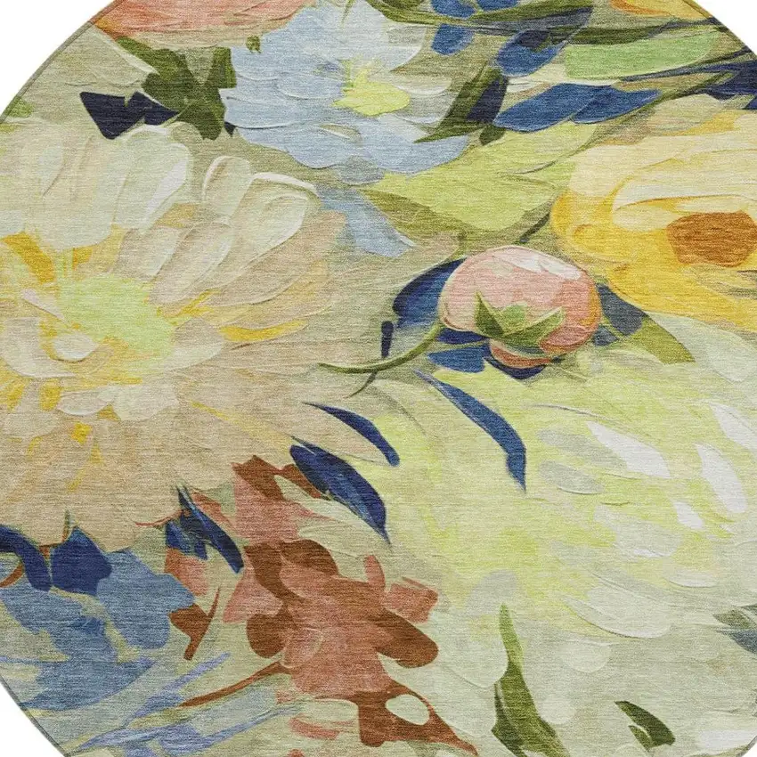 8' Artichoke Green Yellow And Blue Round Floral Washable Indoor Outdoor Area Rug Photo 8