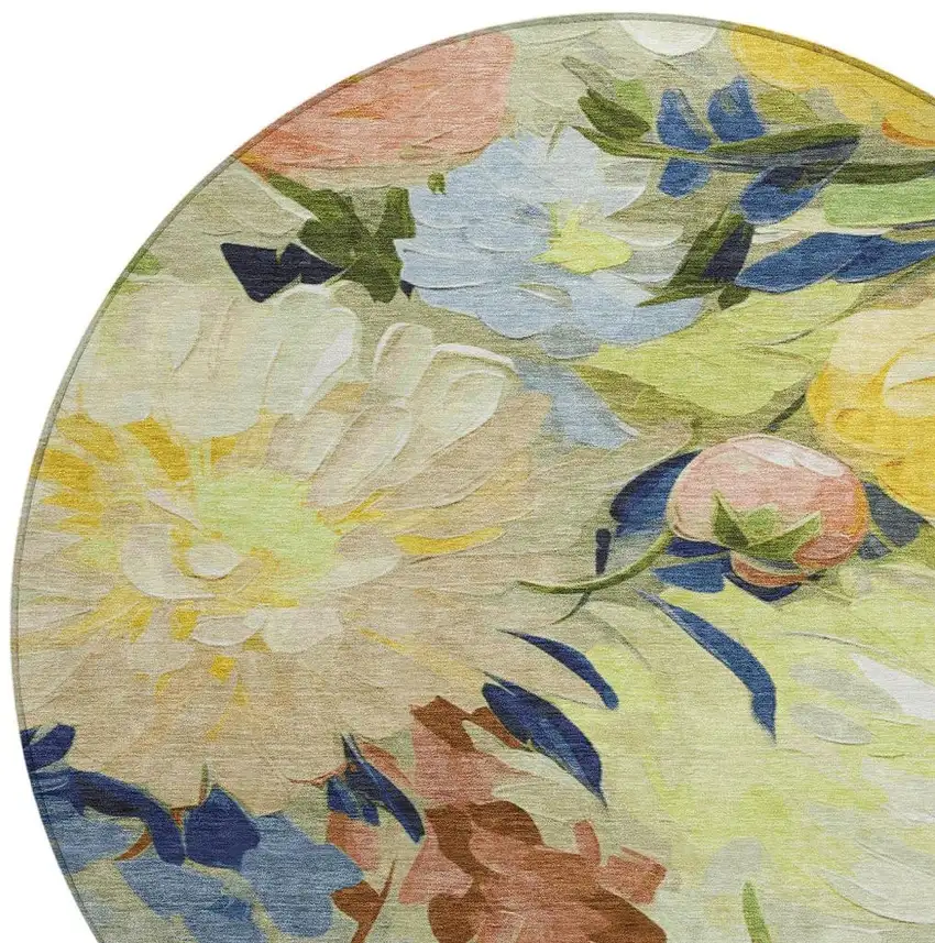 8' Artichoke Green Yellow And Blue Round Floral Washable Indoor Outdoor Area Rug Photo 7