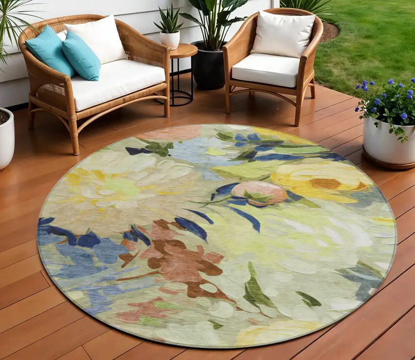 8' Artichoke Green Yellow And Blue Round Floral Washable Indoor Outdoor Area Rug Photo 1
