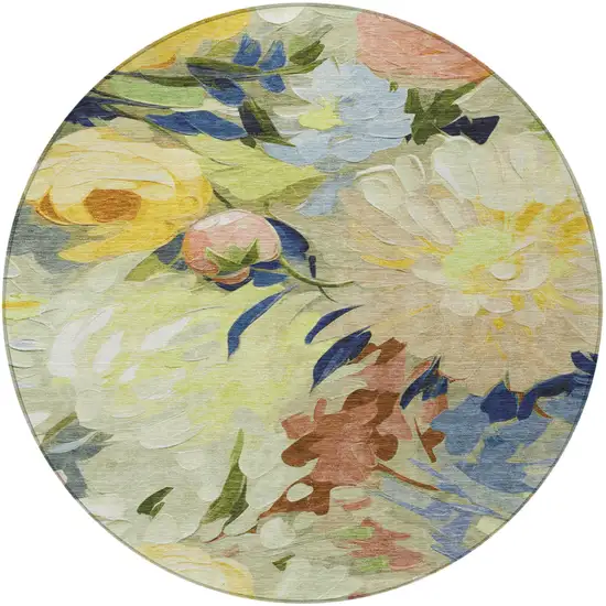 8' Artichoke Green Yellow And Blue Round Floral Washable Indoor Outdoor Area Rug Photo 4