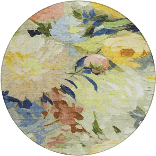 8' Artichoke Green Yellow And Blue Round Floral Washable Indoor Outdoor Area Rug Photo 2