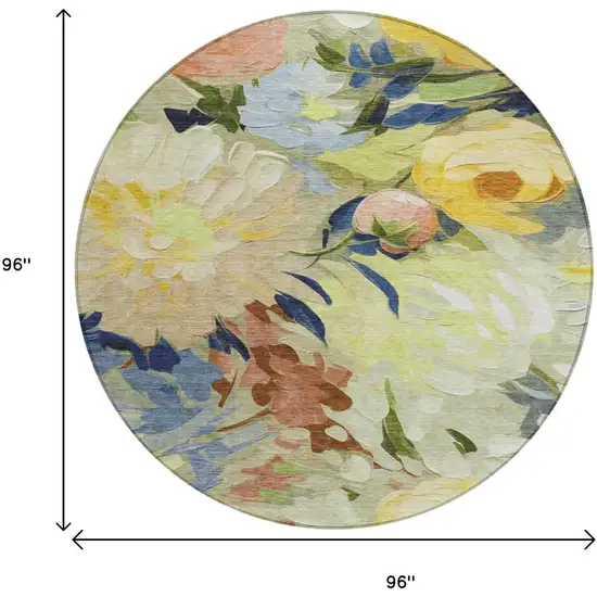 8' Artichoke Green Yellow And Blue Round Floral Washable Indoor Outdoor Area Rug Photo 3