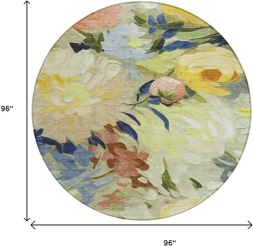8' Artichoke Green Yellow And Blue Round Floral Washable Indoor Outdoor Area Rug Photo 3