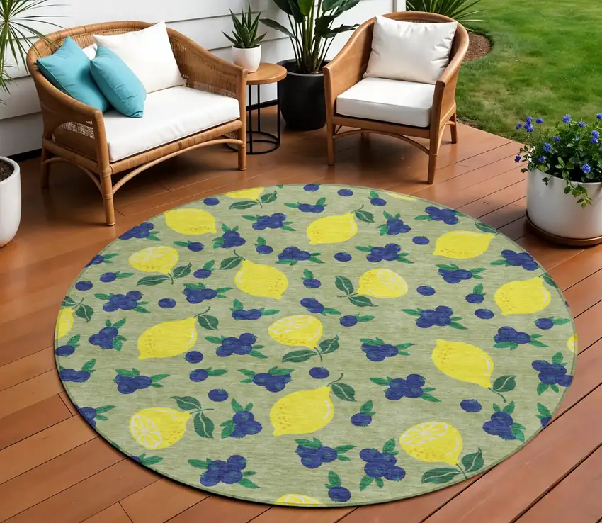 8' Artichoke Green Yellow And Blue Round Lemons Washable Indoor Outdoor Area Rug Photo 1