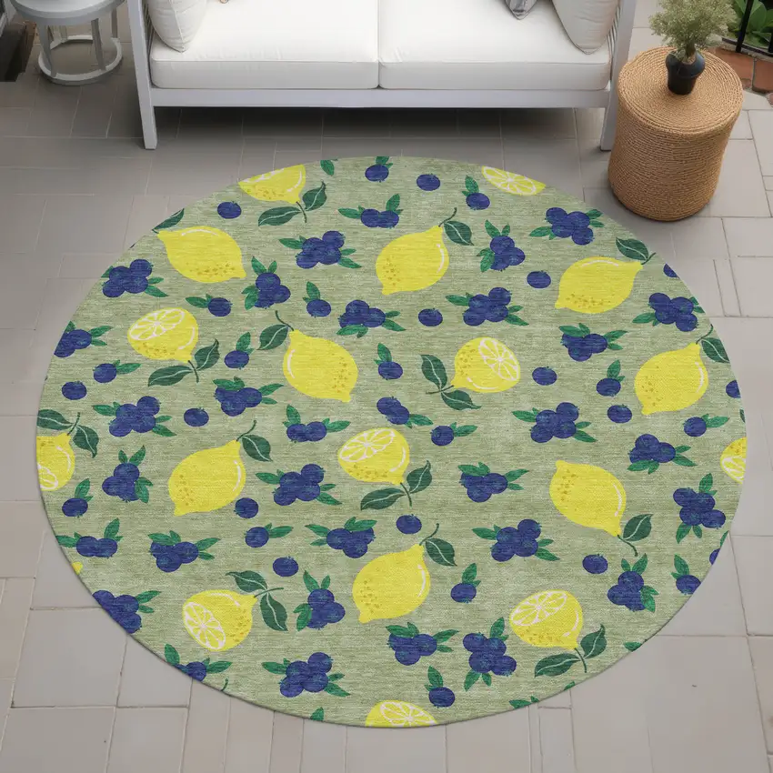 8' Artichoke Green Yellow And Blue Round Lemons Washable Indoor Outdoor Area Rug Photo 9