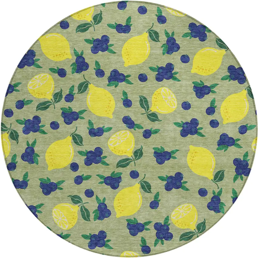 8' Artichoke Green Yellow And Blue Round Lemons Washable Indoor Outdoor Area Rug Photo 2