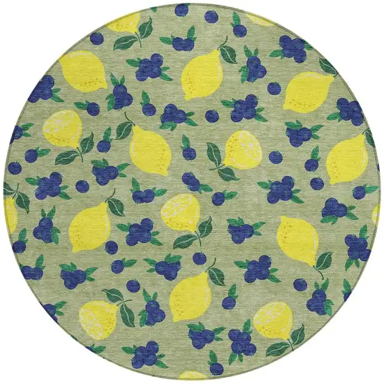 8' Artichoke Green Yellow And Blue Round Lemons Washable Indoor Outdoor Area Rug Photo 4