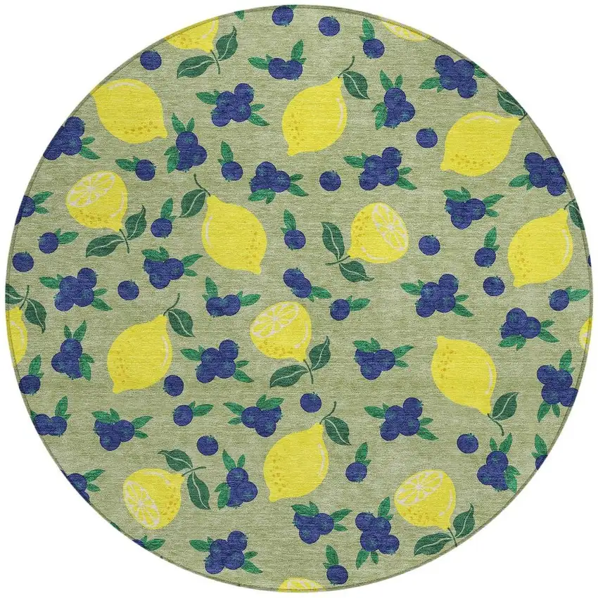 8' Artichoke Green Yellow And Blue Round Lemons Washable Indoor Outdoor Area Rug Photo 4
