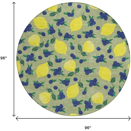 8' Artichoke Green Yellow And Blue Round Lemons Washable Indoor Outdoor Area Rug Photo 3