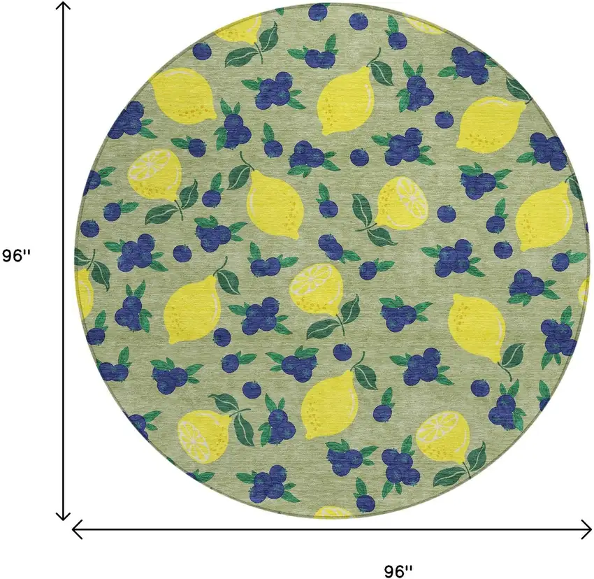 8' Artichoke Green Yellow And Blue Round Lemons Washable Indoor Outdoor Area Rug Photo 3