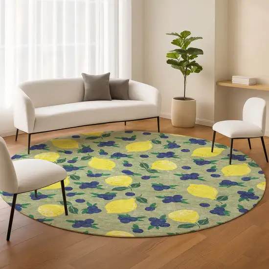 8' Artichoke Green Yellow And Blue Round Lemons Washable Indoor Outdoor Area Rug Photo 9
