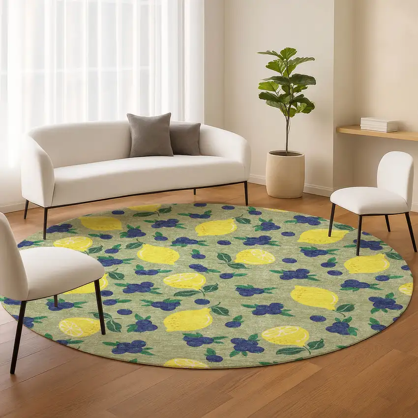 8' Artichoke Green Yellow And Blue Round Lemons Washable Indoor Outdoor Area Rug Photo 9