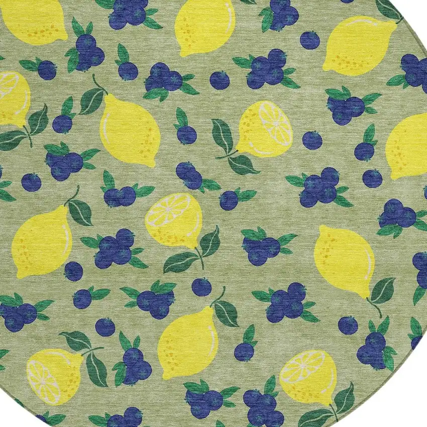 8' Artichoke Green Yellow And Blue Round Lemons Washable Indoor Outdoor Area Rug Photo 8