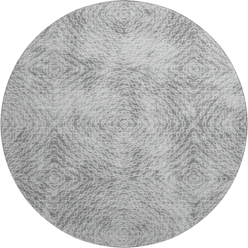 8' Ash Gray And Charcoal Geometric Washable Round Rug With UV Protection Photo 2