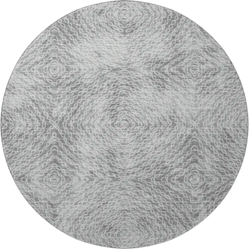 8' Ash Gray And Charcoal Geometric Washable Round Rug With UV Protection Photo 4