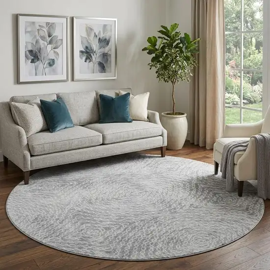 8' Ash Gray And Charcoal Geometric Washable Round Rug With UV Protection Photo 1
