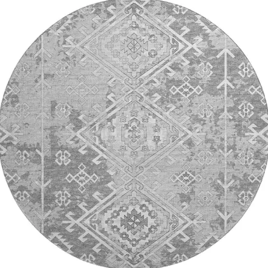 8' Ash Gray And Ivory Geometric Washable Round Rug With UV Protection Photo 5
